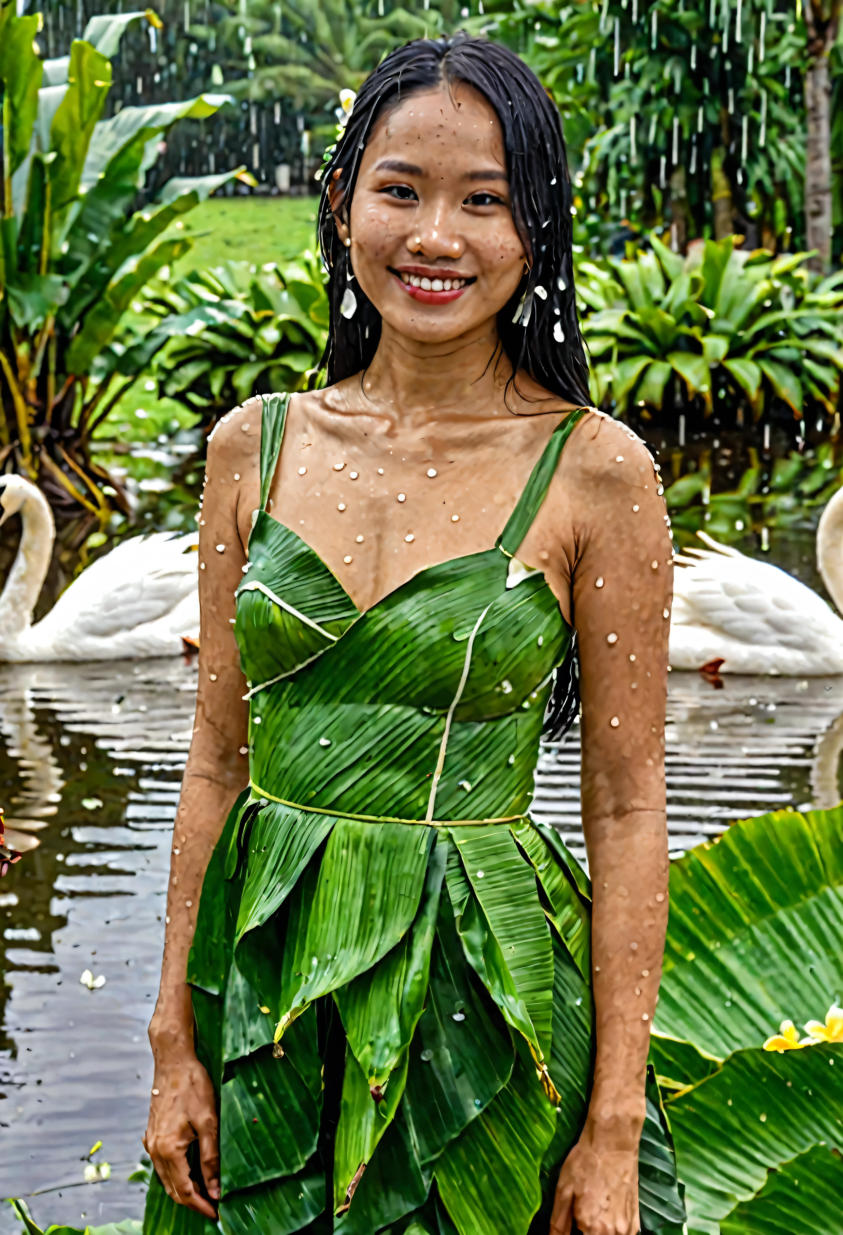A beautiful 25 year old woman from Indonesia, with long flowing black hair, clean and shining white skin, wearing a banana leaf dress, covered in raindrops while smiling affectionately, in the background is a flower garden with a lake, there are several swans inside the lake, hyper realistic, highly detailed, 16 k, wide viewing angle, ultra HD, photography