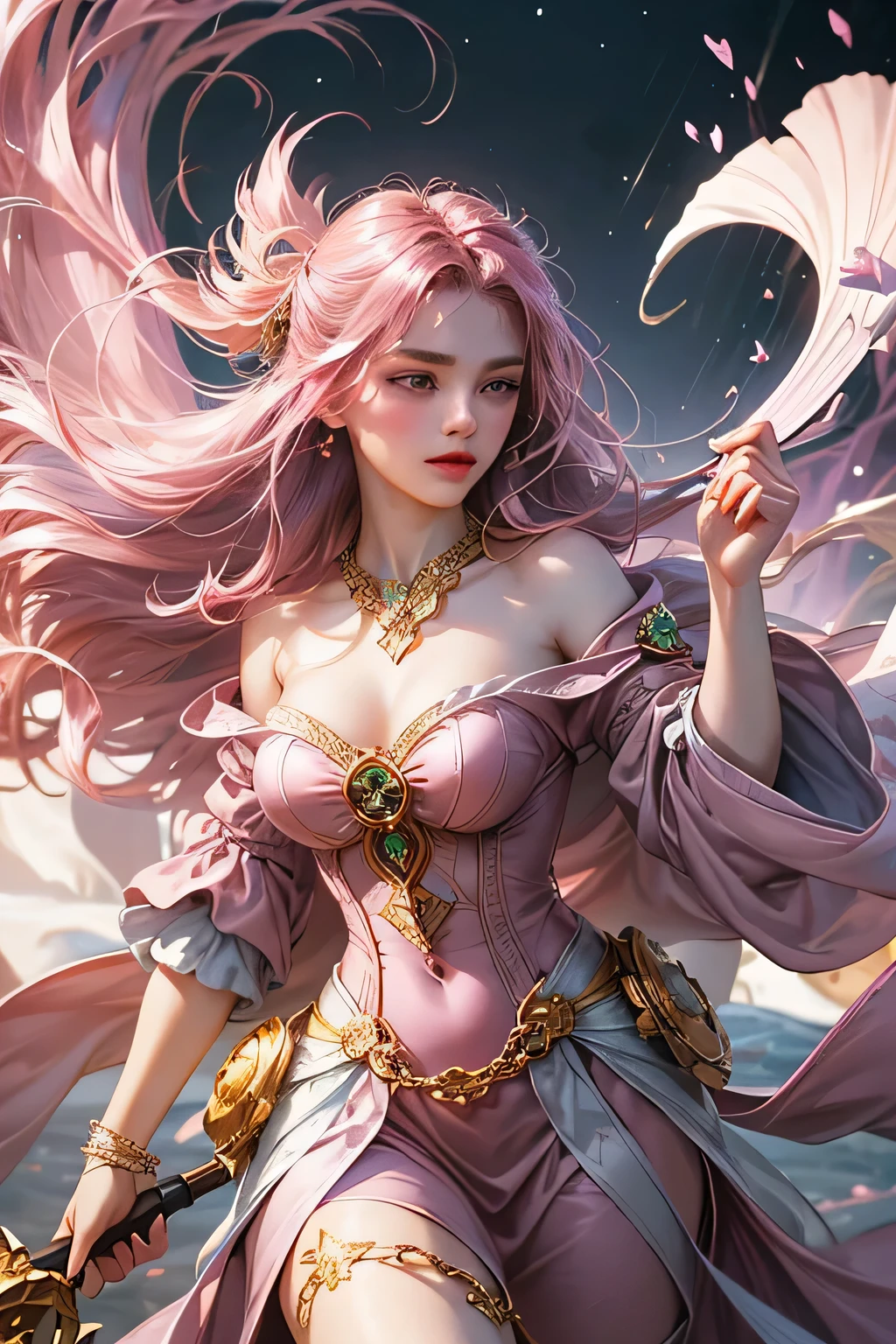 "Create an ultra-realistic image of a stunning 18-year-old girl holding an air magical staff that exudes the energy of the wind and sky. She should be dressed in a sophisticated, ((((((dark pink)))))) shaded outfit that contrasts beautifully with her airy element. Depict her surrounded by elements of air, such as swirling breezes, floating feathers, and gentle currents, to highlight her command over this element. Include a distinct air symbol on her body, signifying her role as the keeper of air and illustrating the powerful, ethereal energy of air she holds within her."
