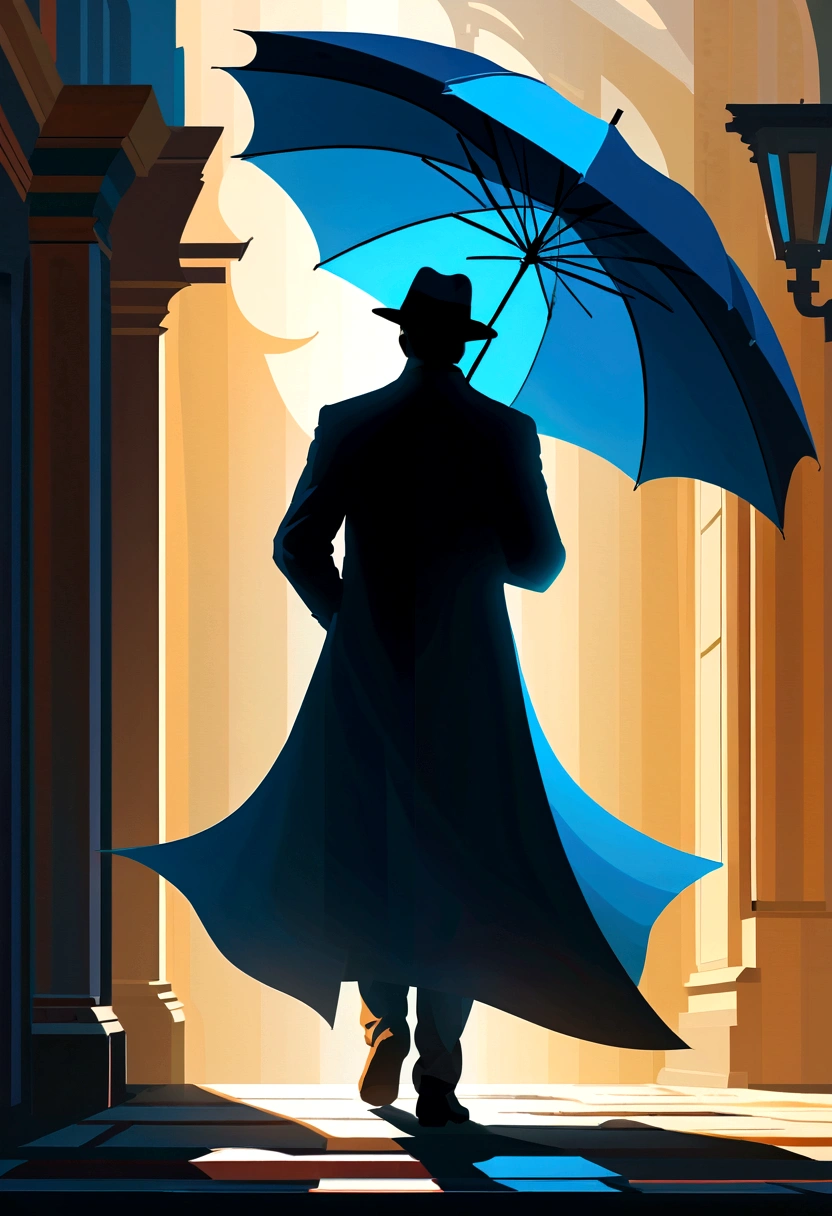 Create a super detailed, best quality, High-resolution masterpiece depicting a shadow element，There is a non-human figure，Holding an umbrella, Radiating blue energy，Perfect shadow, High quality shadows, Reality,