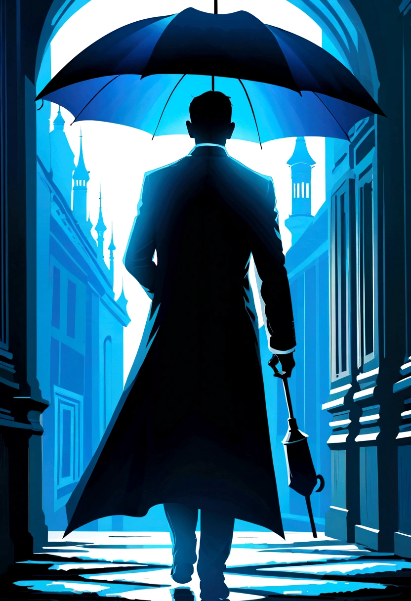 Create a super detailed, best quality, High-resolution masterpiece depicting a shadow element，There is a non-human figure，Holding an umbrella, Radiating blue energy，Perfect shadow, High quality shadows, Reality,