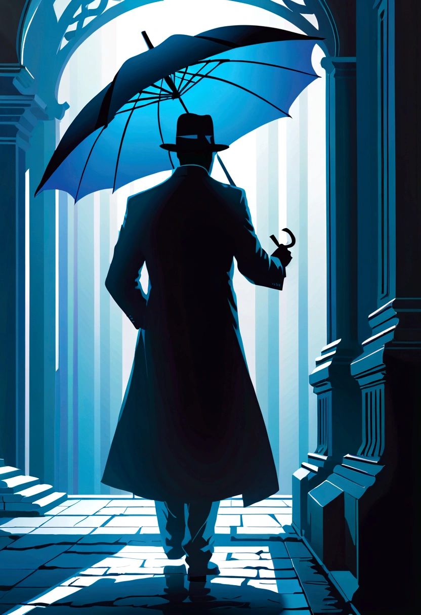 Create a super detailed, best quality, High-resolution masterpiece depicting a shadow element，There is a non-human figure，Holding an umbrella, Radiating blue energy，Perfect shadow, High quality shadows, Reality,