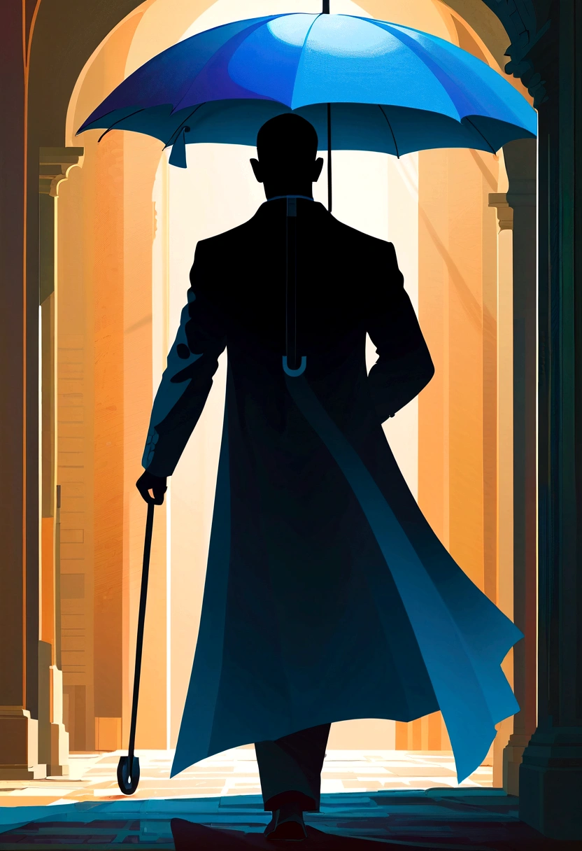 Create a super detailed, best quality, High-resolution masterpiece depicting a shadow element,There is a non-human figure,Holding an umbrella, Radiating blue energy,Perfect shadow, High quality shadows, Reality,
