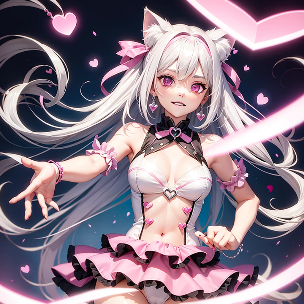 Silver hair, pink eyes, body, cat ears, girl, earrings, heart fantasy, pink godly, hair bows,  happy face