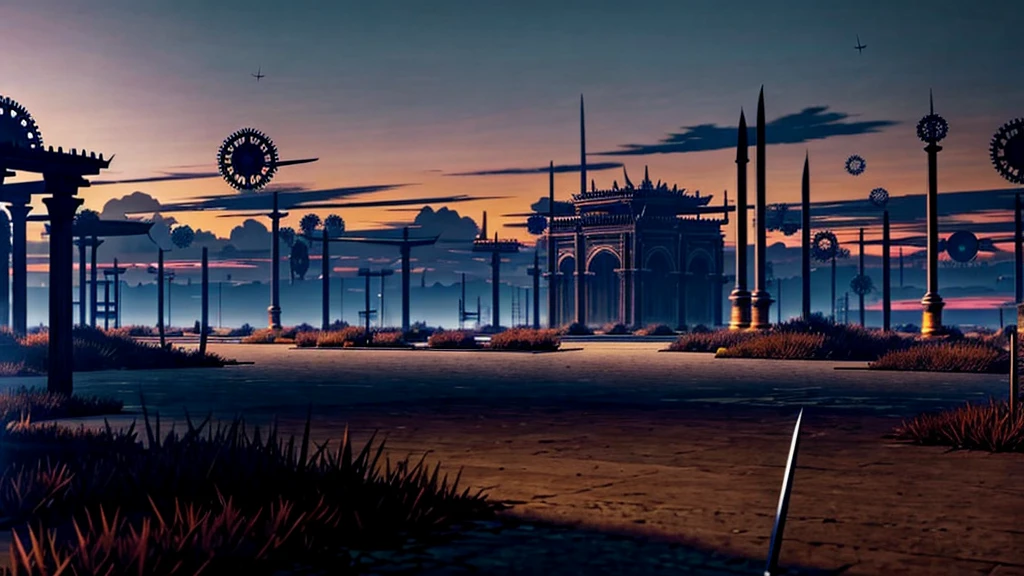 Infinite Blade Works dusk background with swords stuck everywhere on the ground and gears of different sizes floating in the sky 