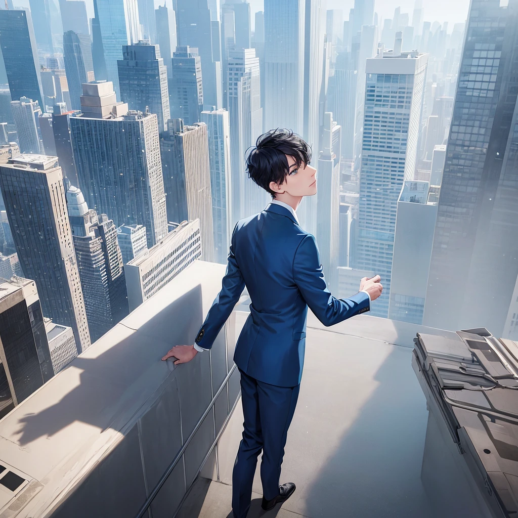 1boy, short black hair, light blue eyes, wearing all blue suits, on top of a building, high res, ultrasharp, 8k, masterpiece, looking at viewer from behind