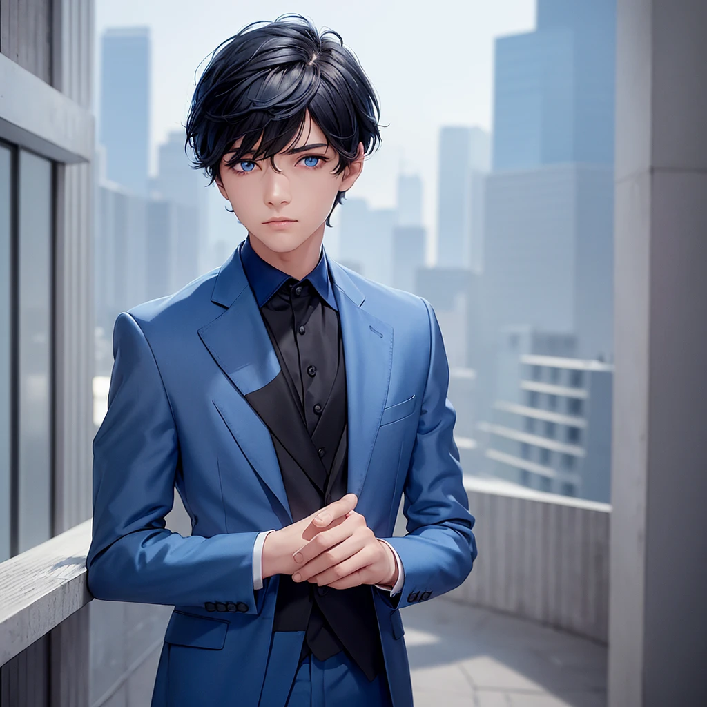 1boy, short black hair, light blue eyes, wearing all blue suits, on top of a building, high res, ultrasharp, 8k, masterpiece, looking at viewer from behind
