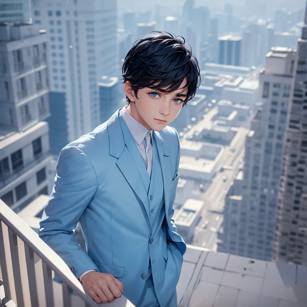 1boy, short black hair, light blue eyes, wearing all blue suits, on top of a building, high res, ultrasharp, 8k, masterpiece, looking at viewer from behind