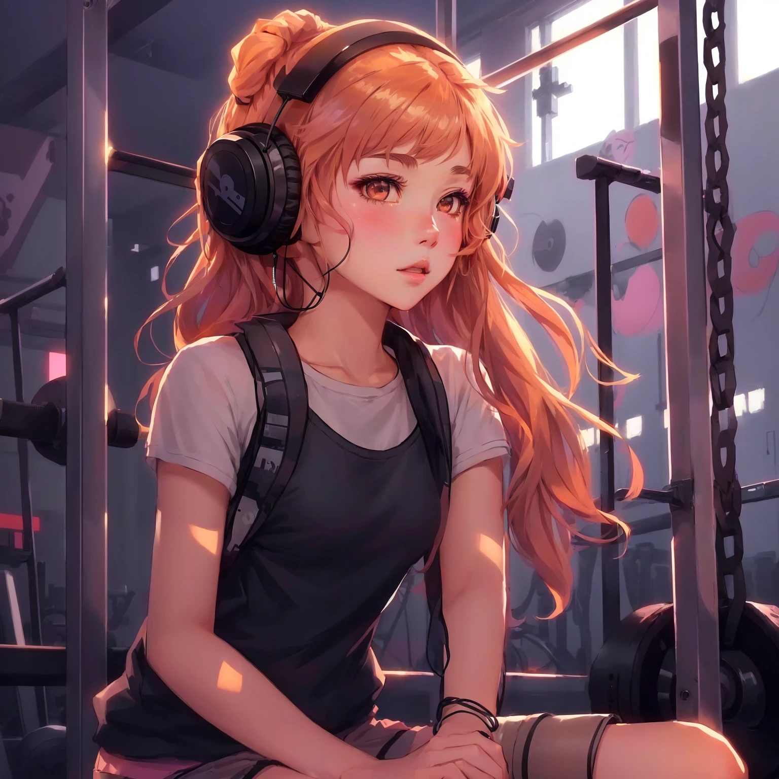 anime girl girl with headphones from ear sitting in a gym, lofi portrait, 4K anime-style, with headphones from ear, lofi girl, anime style portrait, anime girl girl, portrait anime girl girl, anime digital illustration, anime vibes, I'm going to make fanart too, cute anime portrait, (anime girl girl), an anime girl girl, cute anime girl girl, lofi art style, portrait of an anime
