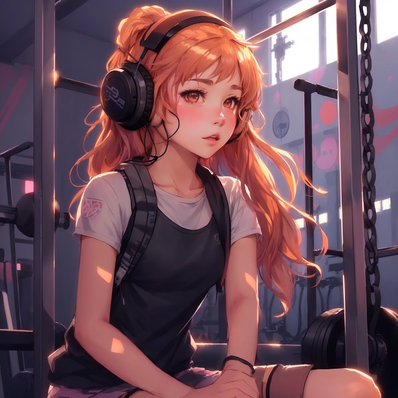 anime girl girl with headphones from ear sitting in a gym, lofi portrait, 4K anime-style, with headphones from ear, lofi girl, anime style portrait, anime girl girl, portrait anime girl girl, anime digital illustration, anime vibes, I'm going to make fanart too, cute anime portrait, (anime girl girl), an anime girl girl, cute anime girl girl, lofi art style, portrait of an anime