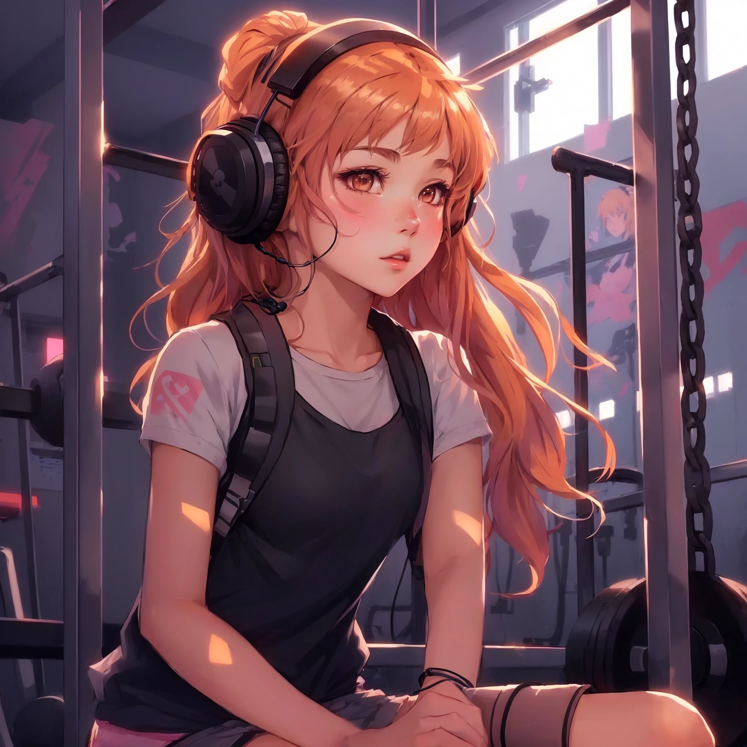 anime girl girl with headphones from ear sitting in a gym, lofi portrait, 4K anime-style, with headphones from ear, lofi girl, anime style portrait, anime girl girl, portrait anime girl girl, anime digital illustration, anime vibes, I'm going to make fanart too, cute anime portrait, (anime girl girl), an anime girl girl, cute anime girl girl, lofi art style, portrait of an anime