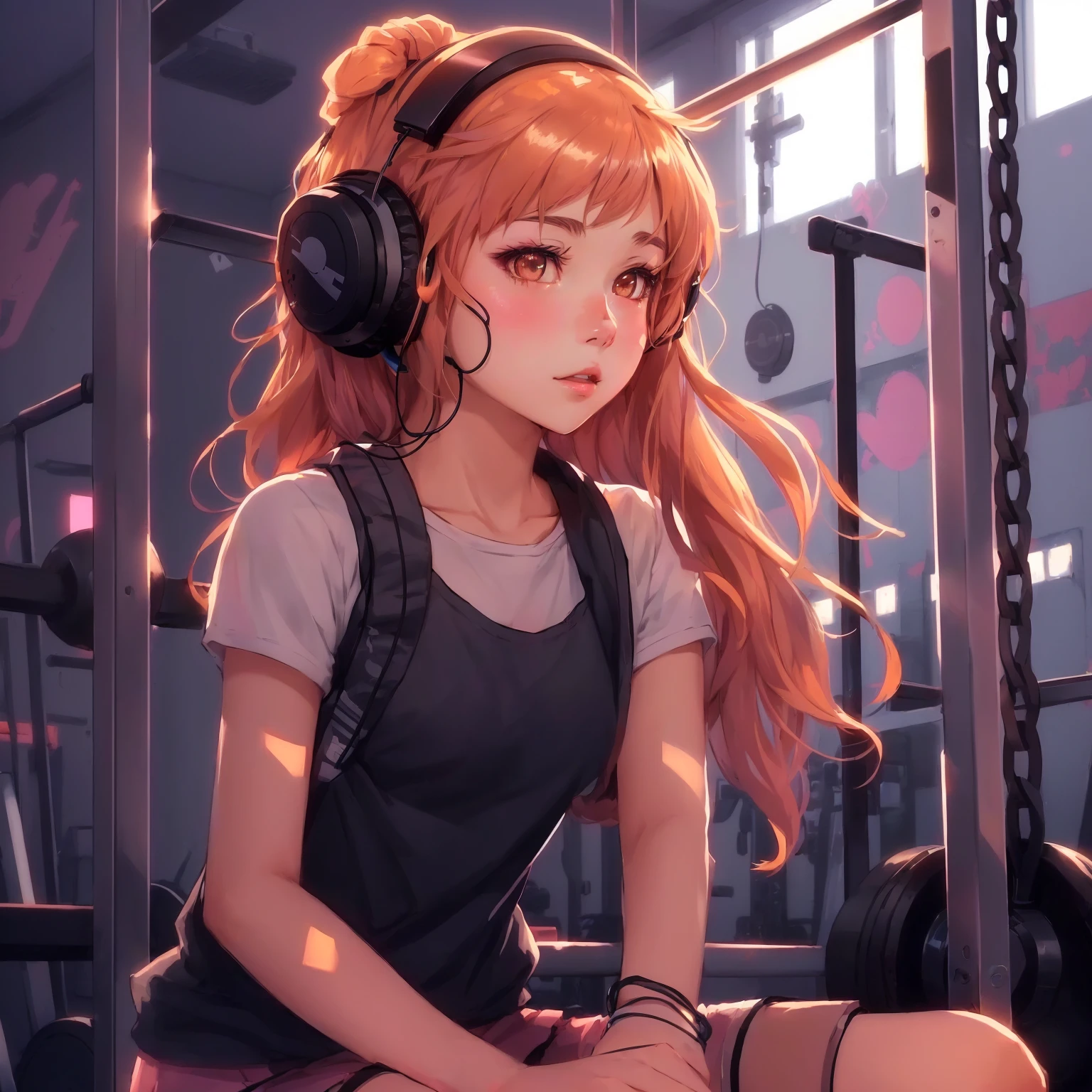 anime girl girl with headphones from ear sitting in a gym, lofi portrait, 4K anime-style, with headphones from ear, lofi girl, anime style portrait, anime girl girl, portrait anime girl girl, anime digital illustration, anime vibes, I&#39;m going to make fanart too, cute anime portrait, (anime girl girl), an anime girl girl, cute anime girl girl, lofi art style, portrait of an  anime