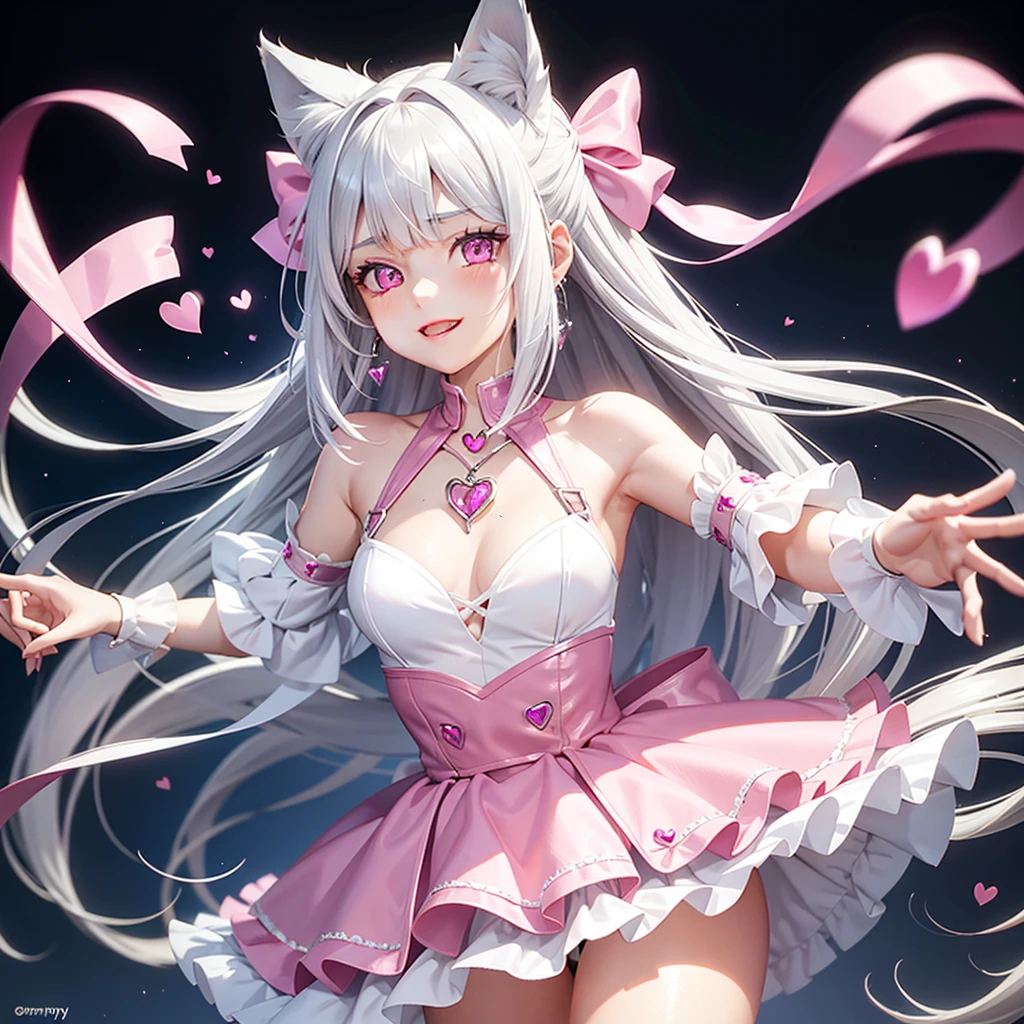 Silver hair, pink eyes, body, cat ears, girl, earrings, heart background fantasy, princess, godly, hair bows,  happy face