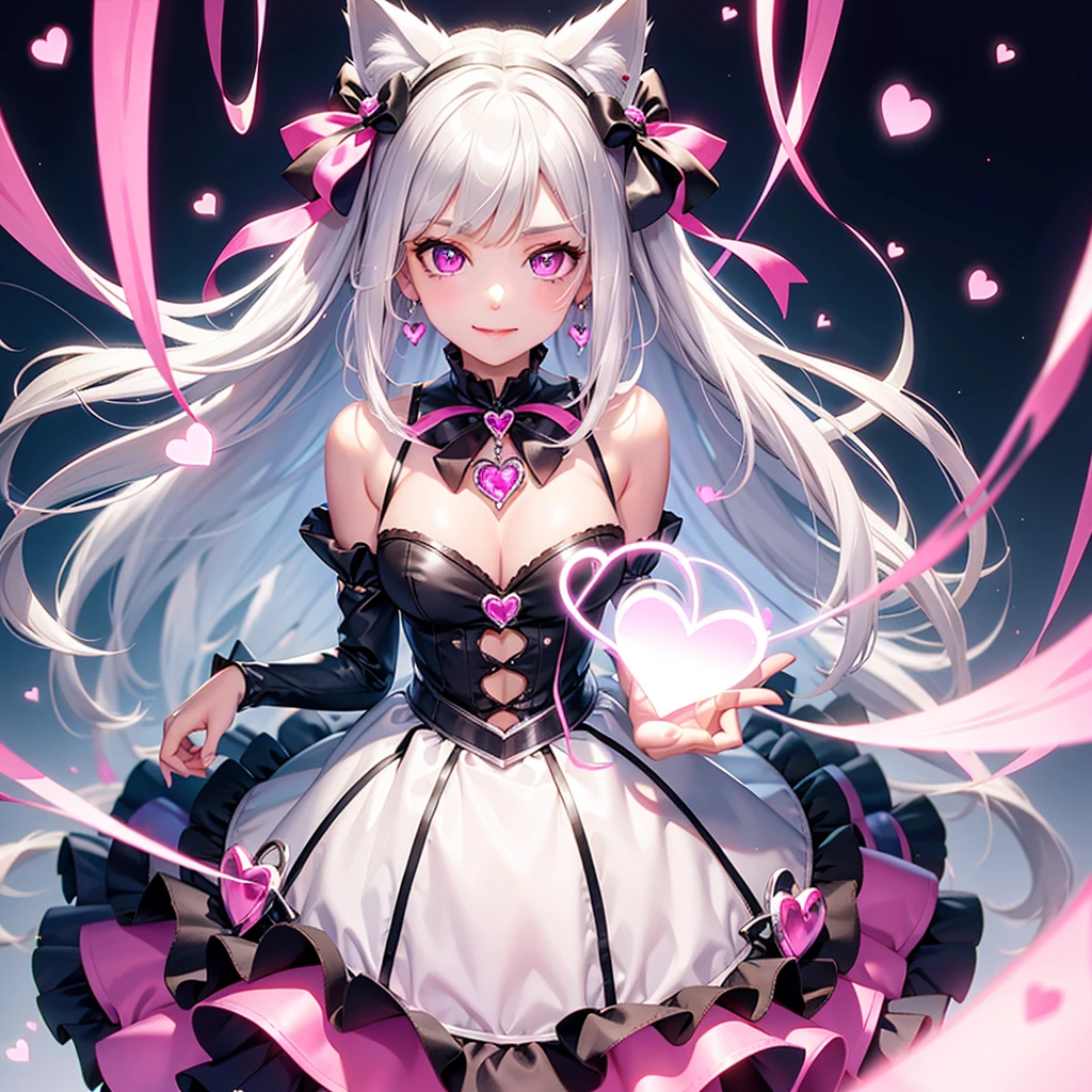Silver hair, pink eyes, body, cat ears, girl, earrings, heart background fantasy, princess, godly, hair bows, happy face