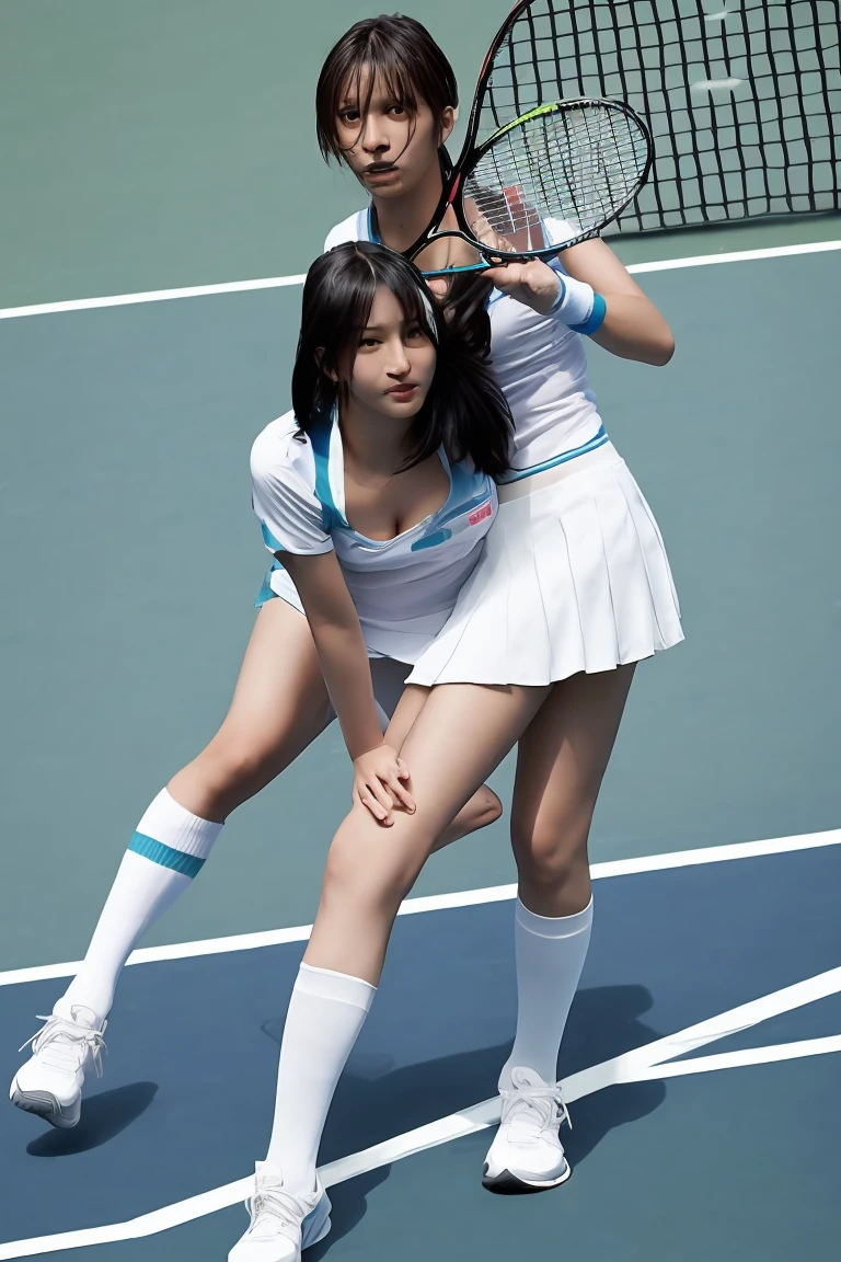 Black Hair Beautiful breasts Shortcuts tennis White Skirt White panties Knee-high socks