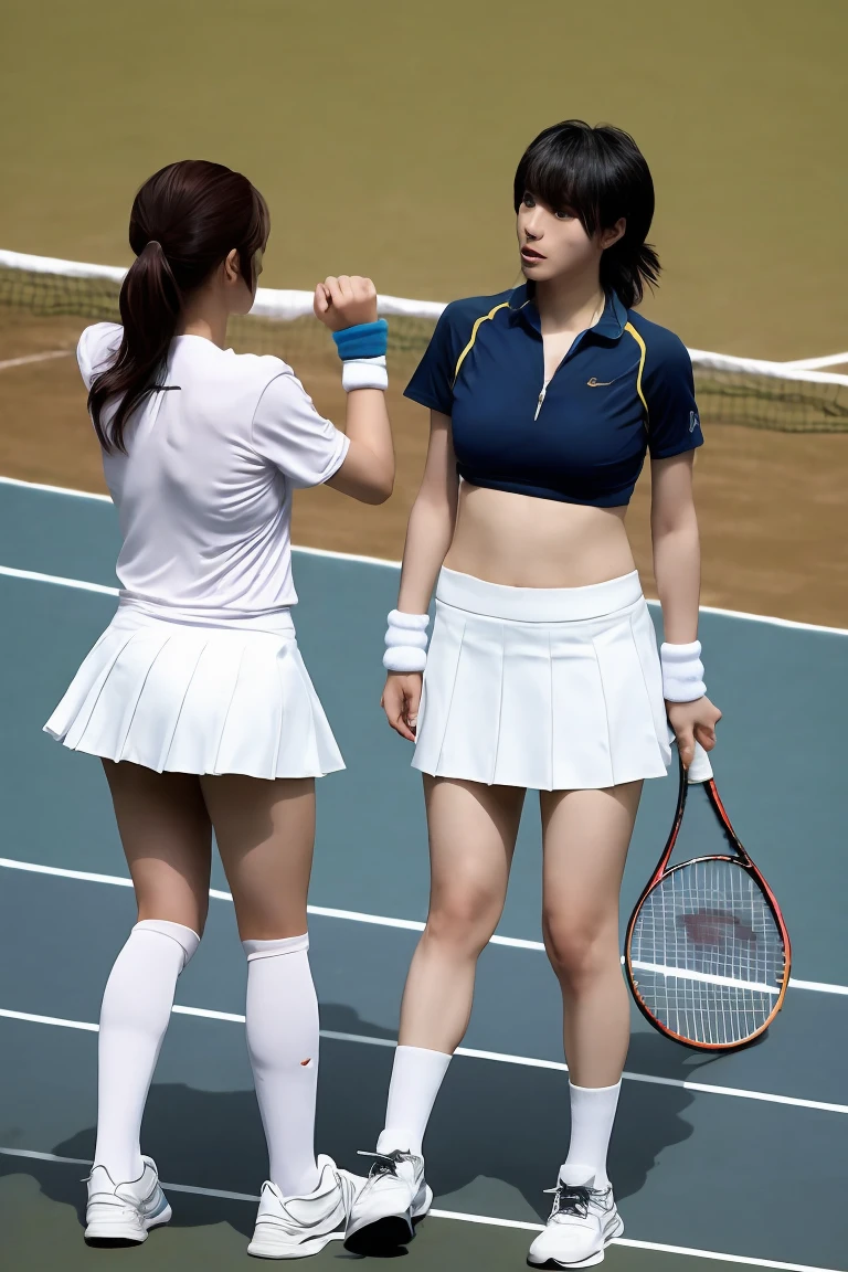 Black Hair Beautiful breasts Shortcuts tennis White Skirt White panties Knee-high socks