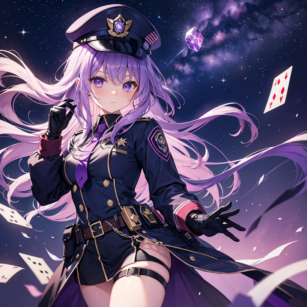 ((Fantasy Purple Hair Long Hair Purple eyes Female police officer star badge policeman's cap Chest Opening Lonely despair)) ((Spade playing card Broken glass gloves milky way)) (comet moon) Catch the wind autumn Glowing purple background Particles of light, Shining Edges Low Angle