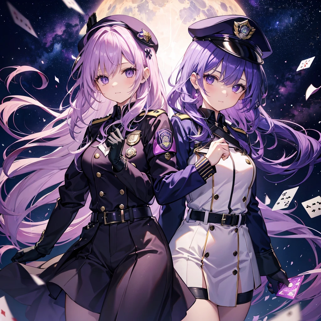 ((Fantasy　Purple Hair　Long Hair　Purple eyes　Female police officer　star badge　policeman's cap　Chest Opening　Lonely　despair))　((Spade playing card　Broken glass　gloves　milky way))　(comet　moon)　Catch the wind　autumn　Glowing purple background　Particles of light, Shining Edges　Low Angle