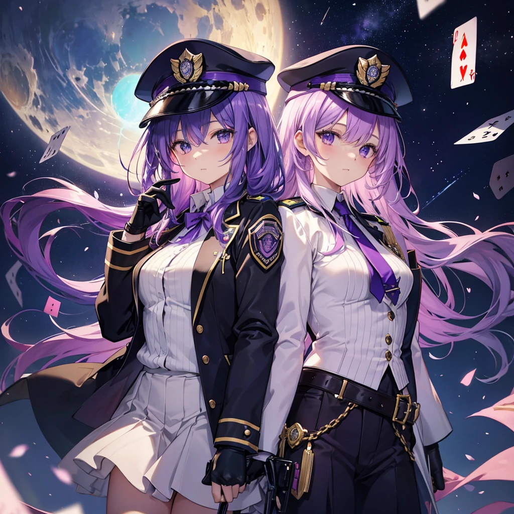 ((Fantasy Purple Hair Long Hair Purple eyes Female police officer star badge policeman's cap Chest Opening Lonely despair)) ((Spade playing card Broken glass gloves milky way)) (comet moon) Catch the wind autumn Glowing purple background Particles of light, Shining Edges Low Angle