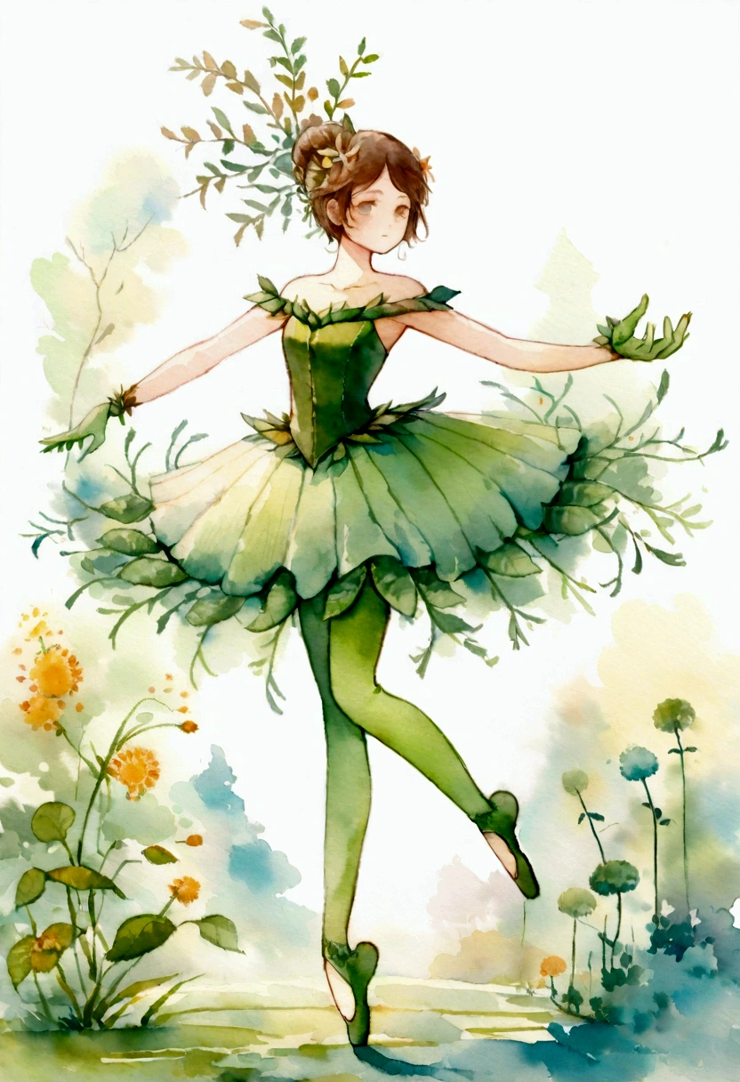 dandelion, ballerina, solo, Outdoors, yellow, Green, ballet, Dance, pack, pointe shoes, wind, graceful, gentle, feminine, Floral, a plant, flora, personification of plant, plant dress, plant hair, plant feet, plant hands, plant legs, plant body, clothing plants, baroque, flowing, bizarre, romantic, Dreamy, unearthly, soft, Easy, aerial, pastel, (watercolor: 1,5), impressionism, Edgar Degas,personification of nature, (в стиле романтического impressionismа:1,3)