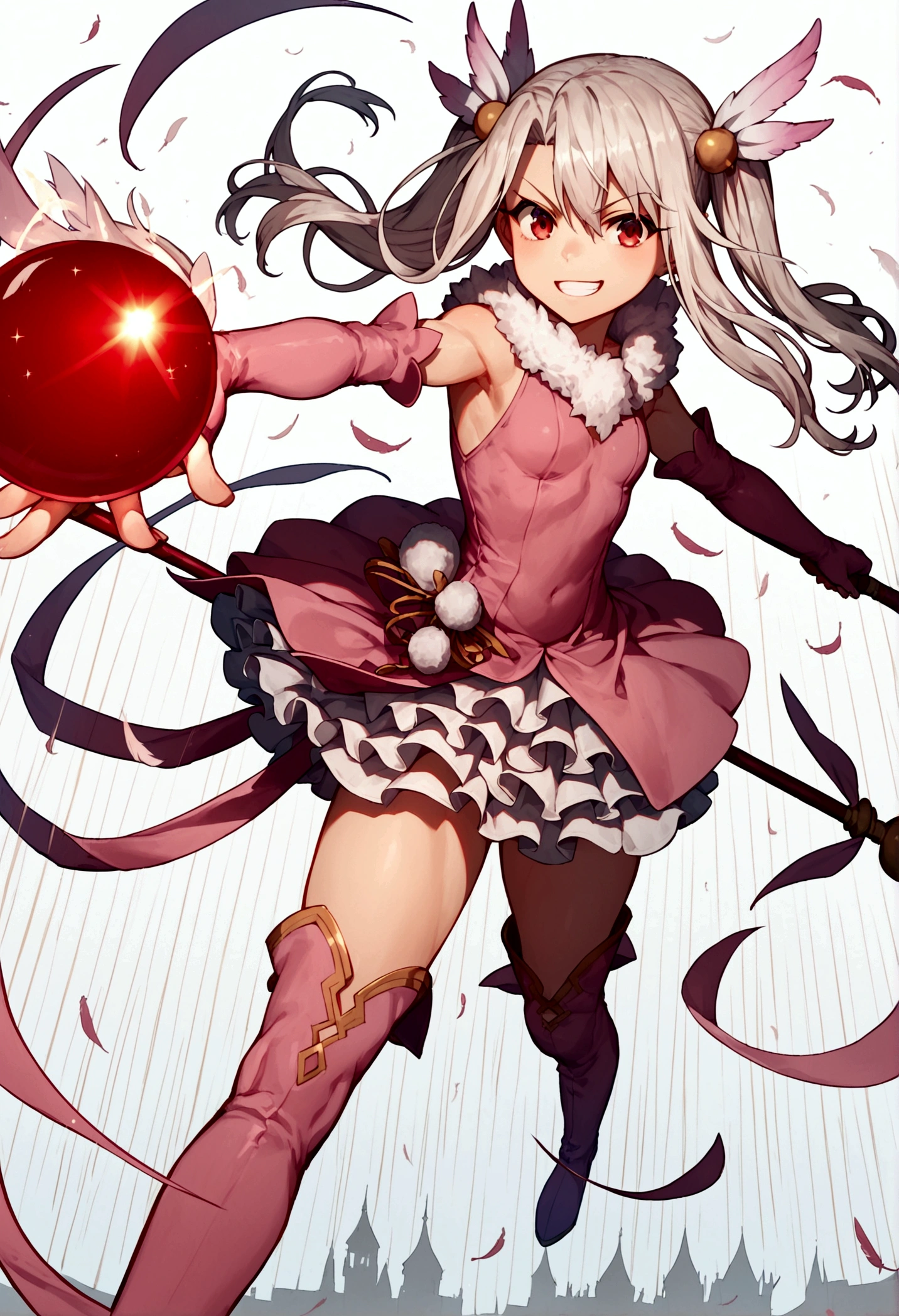 (score_9,score_8_up,score_7_up),(cowboy shot),looking at viewer,1girl,loli,illyasviel von einzbern,fate \(series\),white hair,red eyes,long hair,twin tails,hair ornament,feathers,pink dress,elbow gloves,magic girl,pink thigh Boots,standing,simple background,white background,serious grin,standing,holding rubystaff,mansion,((flying,fighting stance)),(dynamic angle,speed line,motion lines),