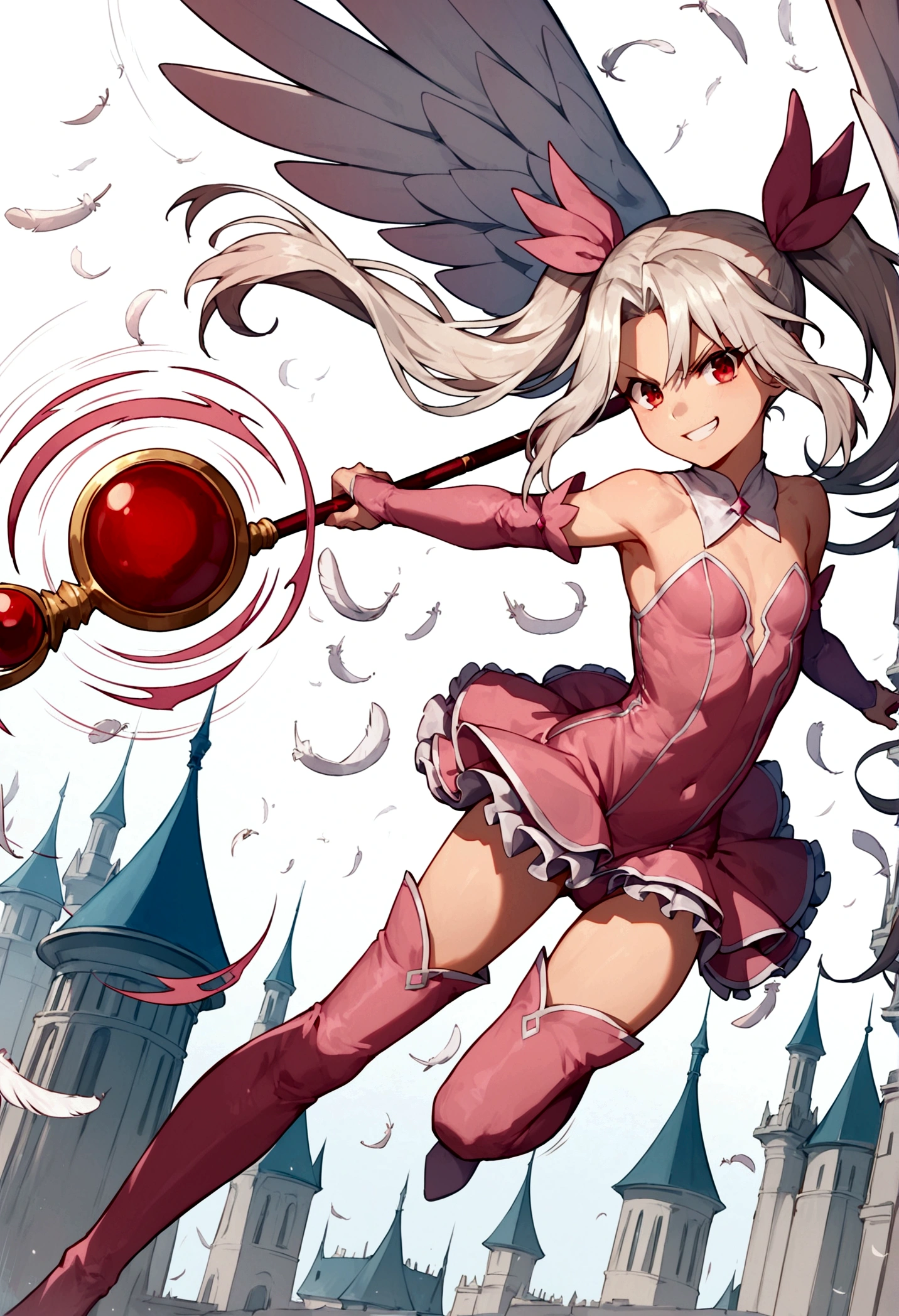 (score_9,score_8_up,score_7_up),(cowboy shot),looking at viewer,1girl,loli,illyasviel von einzbern,fate \(series\),white hair,red eyes,long hair,twin tails,hair ornament,feathers,pink dress,elbow gloves,magic girl,pink thigh Boots,standing,simple background,white background,serious grin,standing,holding rubystaff,mansion,((flying,fighting stance)),(dynamic angle,speed line,motion lines),