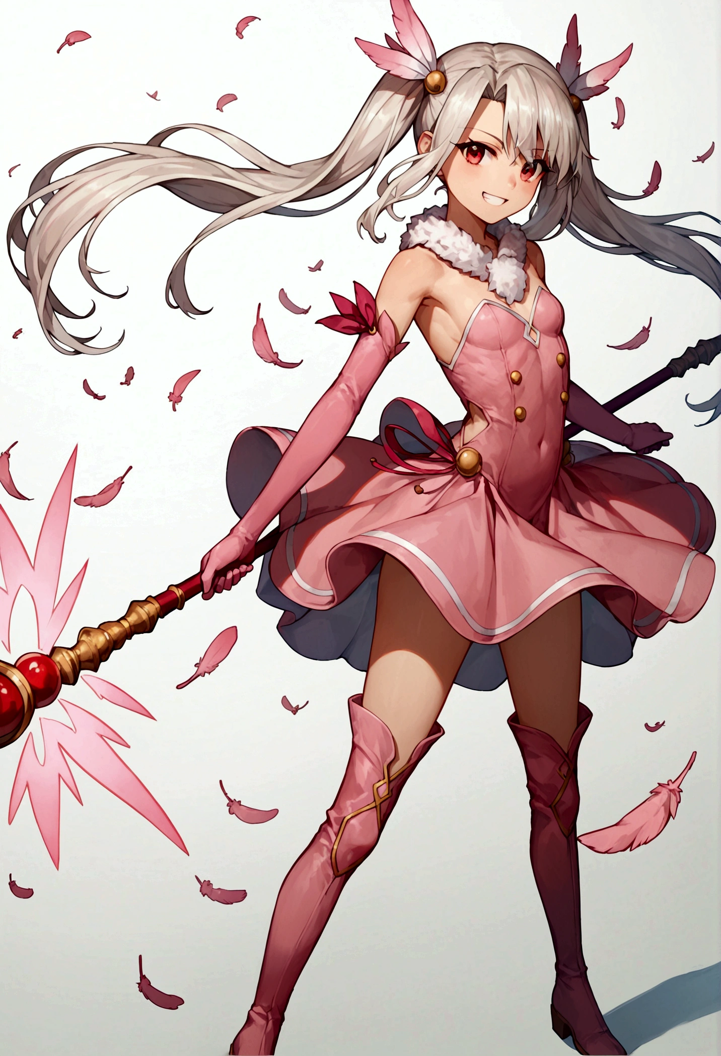 (score_9,score_8_up,score_7_up),(cowboy shot),looking at viewer,1girl,,illyasviel von einzbern,fate \(series\),white hair,red eyes,long hair,twin tails,hair ornament,feathers,pink dress,elbow gloves,magic girl,pink thigh Boots,standing,simple background,white background,serious grin,standing,holding rubystaff,mansion,((flying,fighting stance)),(dynamic angle,speed line,motion lines),