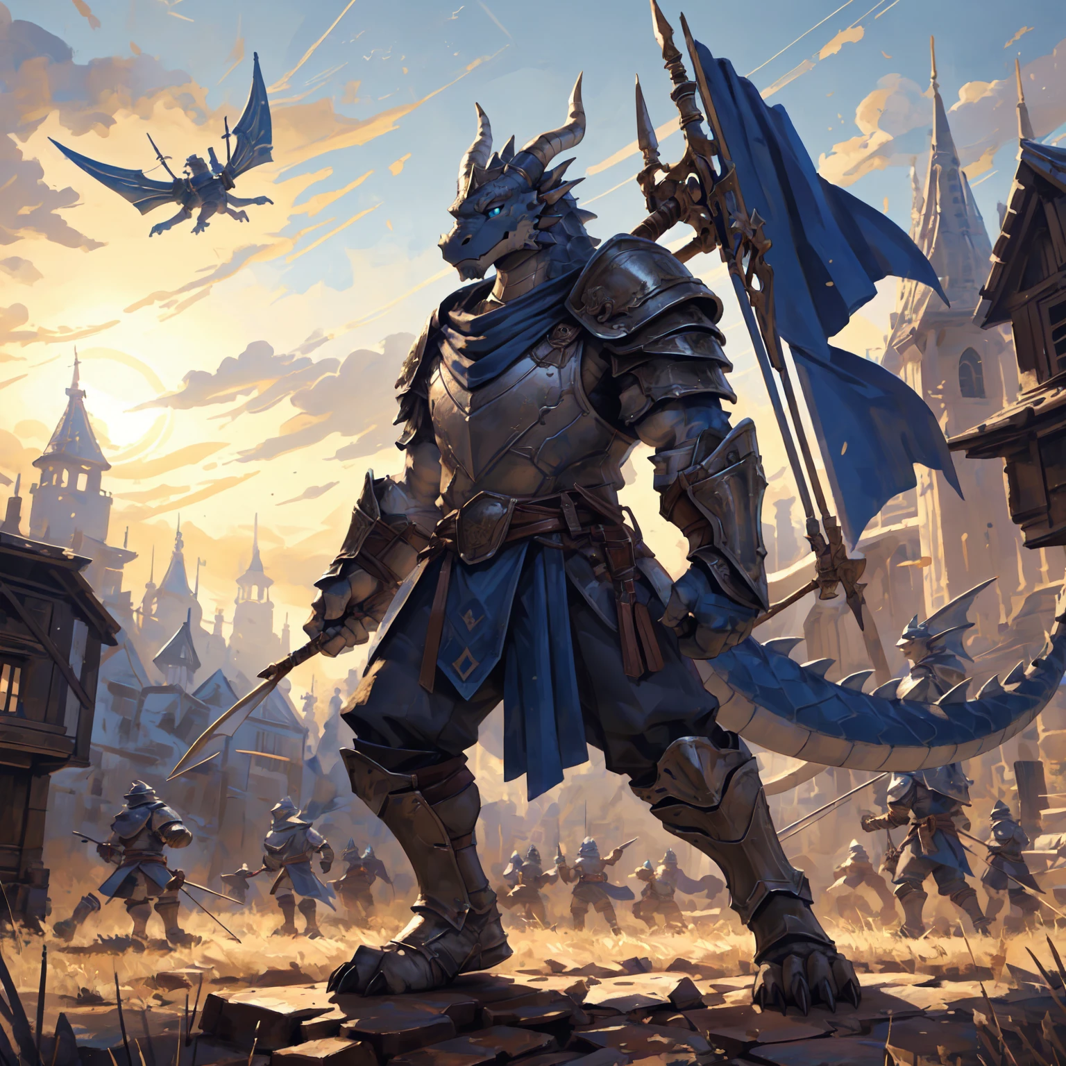 ((middle Ages:1.3,Range background:1.5)),Royal Family:1.2,((Heavy Crossbowman:1.6,Heavy Crossbow:1.5)),((sunny:1.4)),high resolution,4K,(((whole body:1.1,Strike a pose:1.5))),masterpiece,high quality,((dragon)),male,dragonFurry,(teenager:1.3),hairy,((Heroic and Calm:1.4)),(((Slender face:1.2,Lean:1.2,Long legs:1.3,Thick dragon tail:1.2))),(((Gray head:1.2,Blue pupils:1.2,neck:1.3,Gray Hands:1.4,muscle:1.3))),(((White Armor:1.3,There is a blue flag on the armor:1.4))),Exquisite eyes,Detailed body,Detailed hands,Detailed feet,Kenket's Art