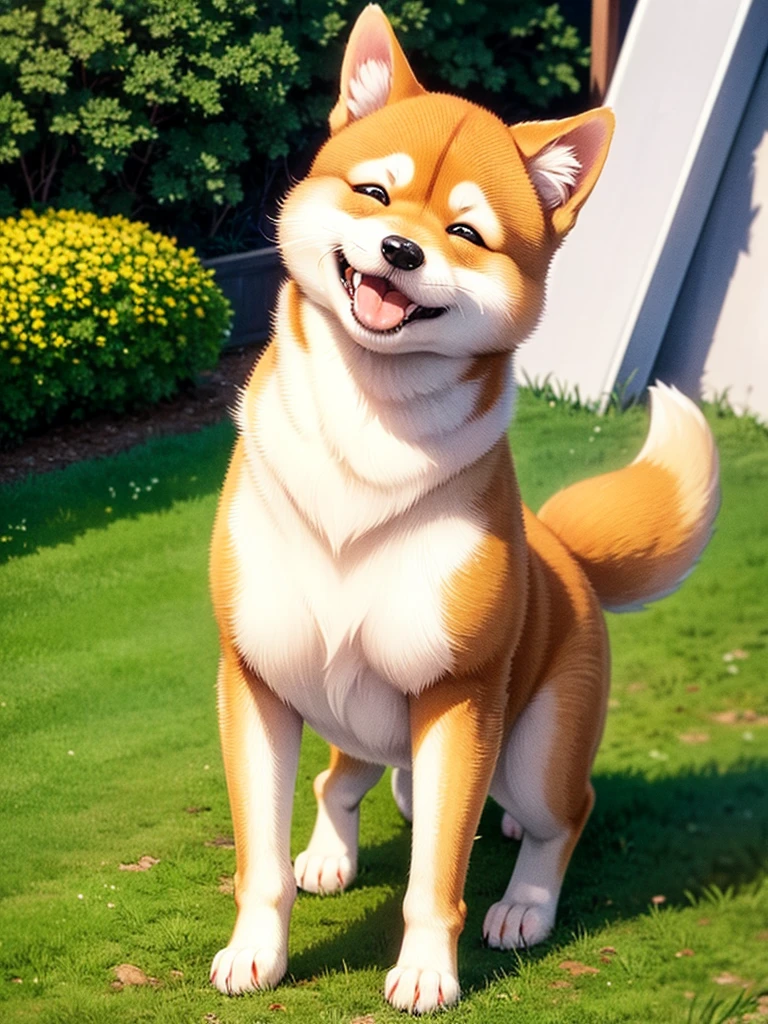 Highest Resolution,Highest quality,Shiba Inu,可愛いShiba Inu,Fluffy,smile,Drooling,Dripping saliva,Overflowing saliva,Iyashiba dog,garden,doghouse,grass,