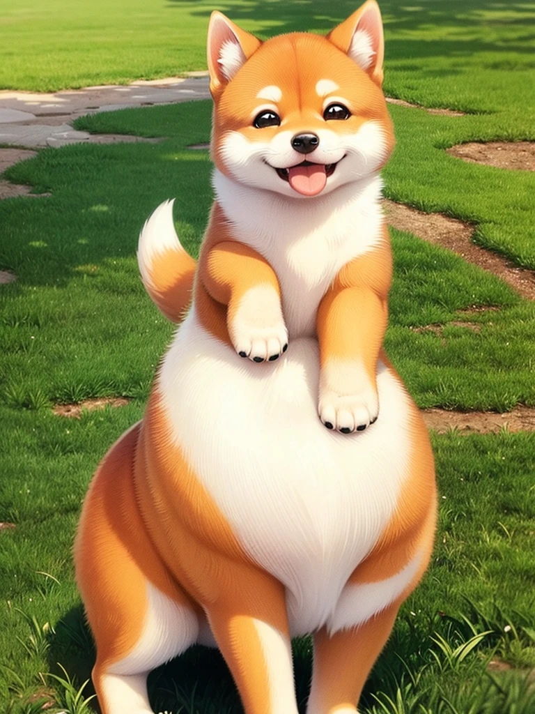 Highest Resolution,Highest quality,Shiba Inu,可愛いShiba Inu,Fluffy,smile,Drooling,Dripping saliva,Overflowing saliva,Iyashiba dog,garden,doghouse,grass,