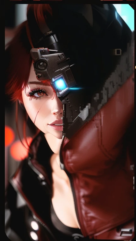 There is a woman with red hair and a leather jacket, Inspired by Ayami Kojima, perfect anime cyborg woman, cyberpunk anime girl, chica cyborg, beautiful cyborg girl, female cyberpunk anime girl, the cyberpunk girl portrait, japanese cyborg, perfect cyborg woman, digital cyberpunk - anime art, Cyborg - girl, cyberpunk girl, Judy Alvarez Cyberpunk, cyberpunk beautiful girl