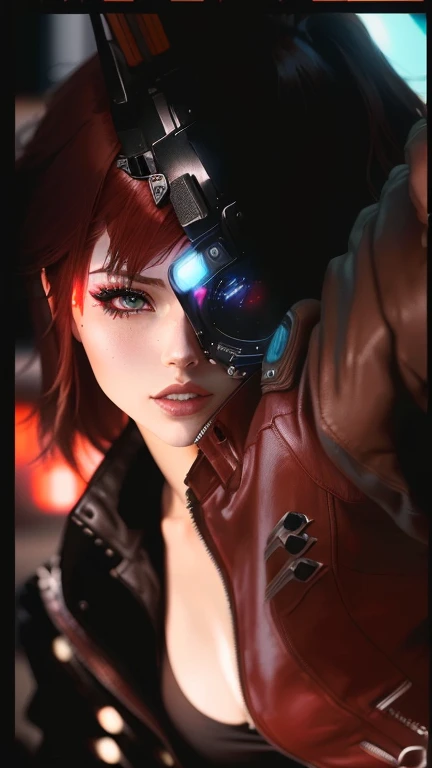 There is a woman with red hair and a leather jacket, Inspired by Ayami Kojima, perfect anime cyborg woman, cyberpunk anime girl, chica cyborg, beautiful cyborg girl, female cyberpunk anime girl, the cyberpunk girl portrait, japanese cyborg, perfect cyborg woman, digital cyberpunk - anime art, Cyborg - girl, cyberpunk girl, Judy Alvarez Cyberpunk, cyberpunk beautiful girl