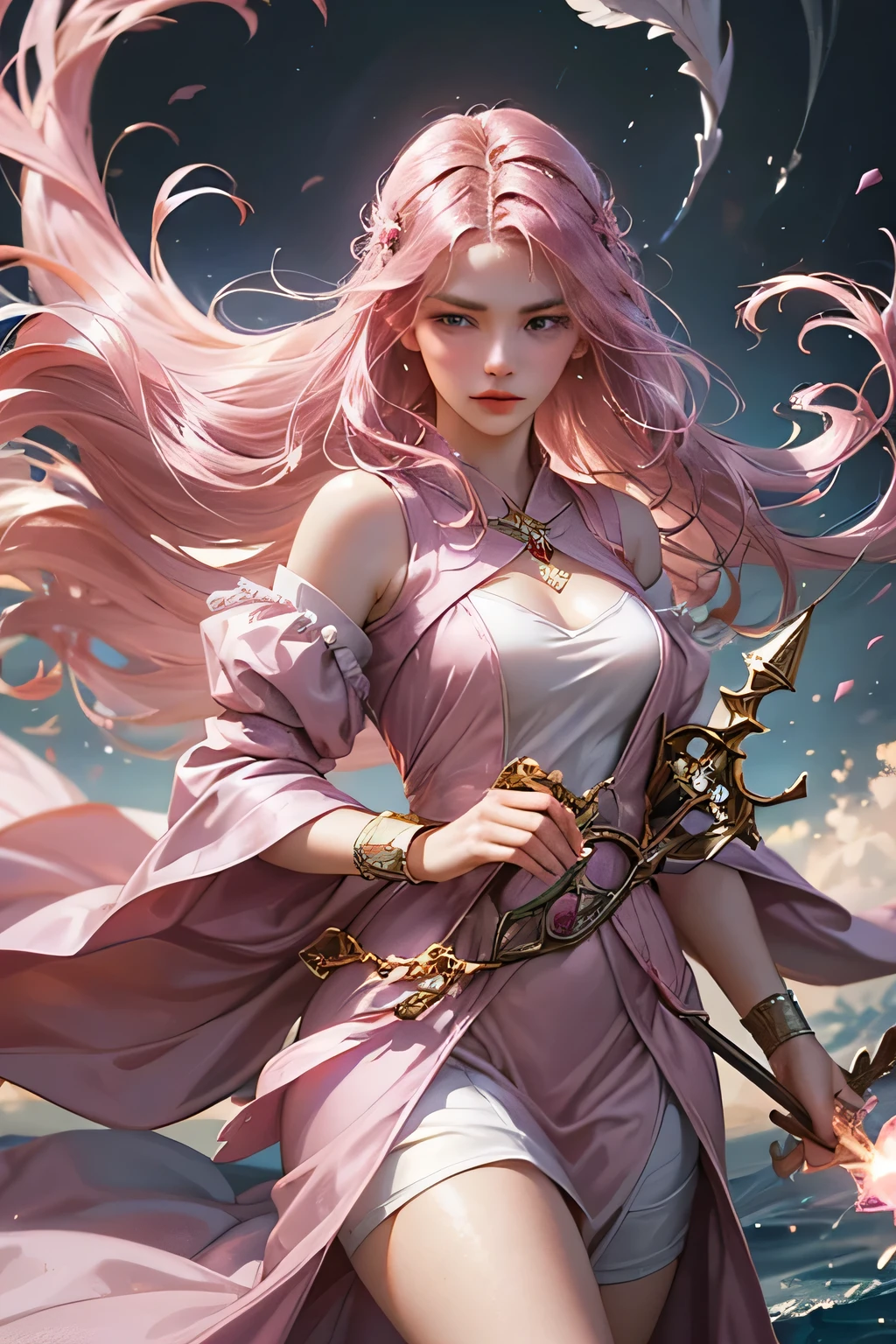 "Create an ultra-realistic image of a stunning 18-year-old girl holding an air magical staff that exudes the energy of the wind and sky. She should be dressed in a sophisticated, ((((((dark pink)))))) shaded outfit that contrasts beautifully with her airy element. Depict her surrounded by elements of air, such as swirling breezes, floating feathers, and gentle currents, to highlight her command over this element. Include a distinct air symbol on her body, signifying her role as the keeper of air and illustrating the powerful, ethereal energy of air she holds within her."