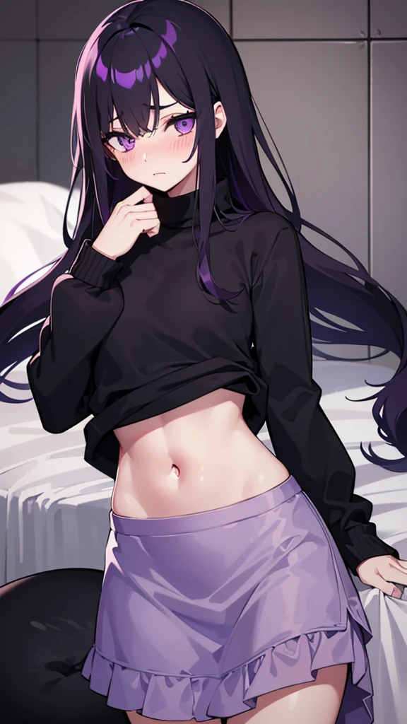 Teenage girl ((slim))((small stature)) ((White skin)) ((purple eyes)) ((black hair, long, emo on one eye)) ((Shy and blushing)) ((the plan)) ((small breasts)) ((small hips)) ((lying in bed with long, loose sweatshirt)) ((long skirt))