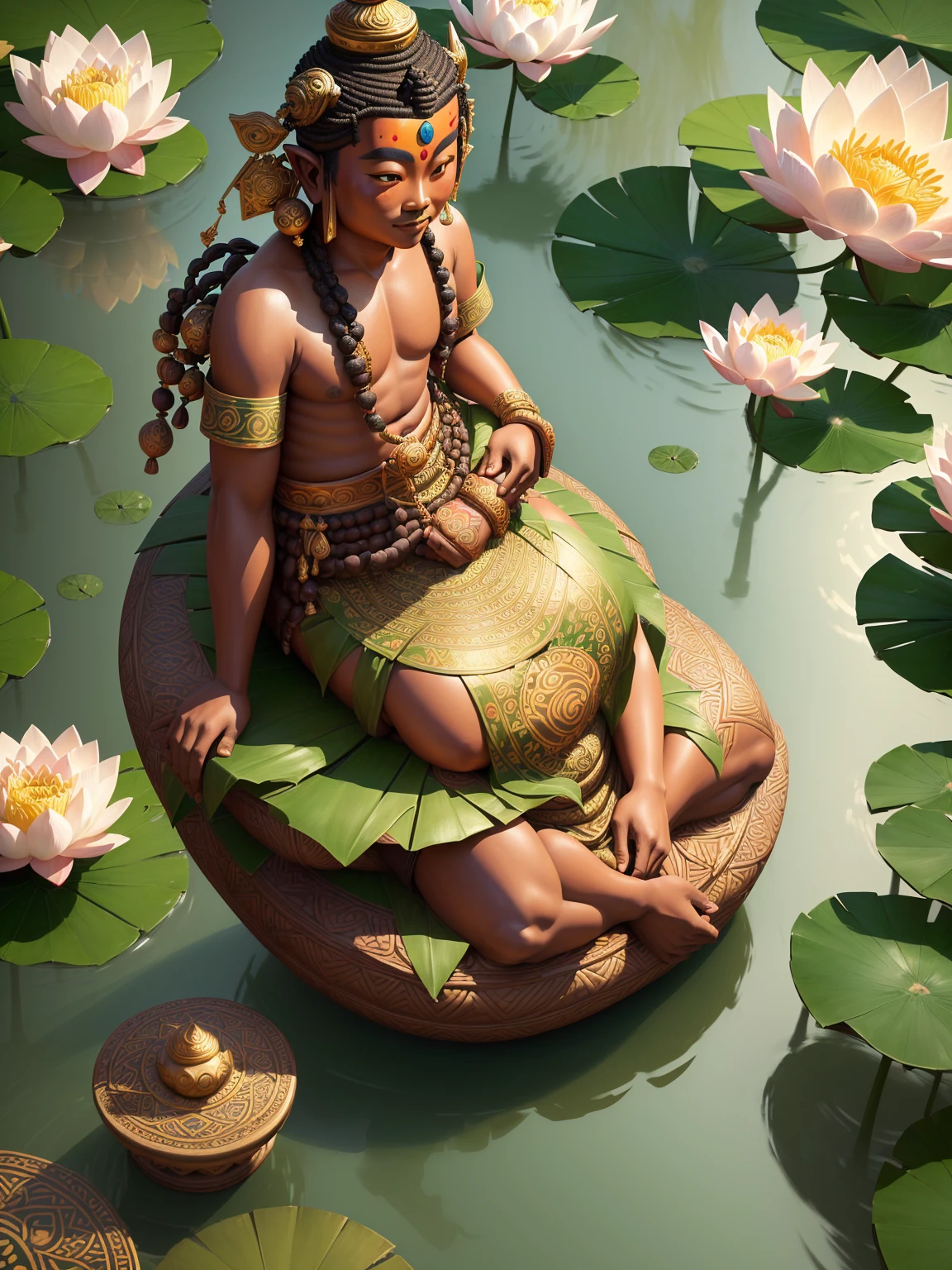 Labubu is pictured dressed as Buddha sitting on a lotus., 3d, full realistic, inspired By E Ketut Soki, work of art, More details, colorful three-dimensional picture, Inspiration from Puru, By E Ketut Soki, Digital Painting, an arcylic art, traditional art