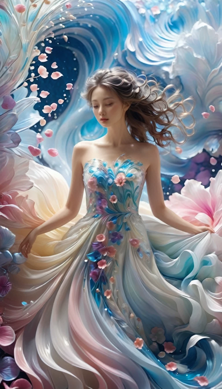 wallpapelm grain, uhd，From below,best quality,32k,RAW photos,Ridiculous,Extremely detailed,Delicate texture,A huge wave of flowers and petals was swallowed up,fantasy,fairy tale,Pastel colors,Motion Blur,Action route,cinematic lighting,