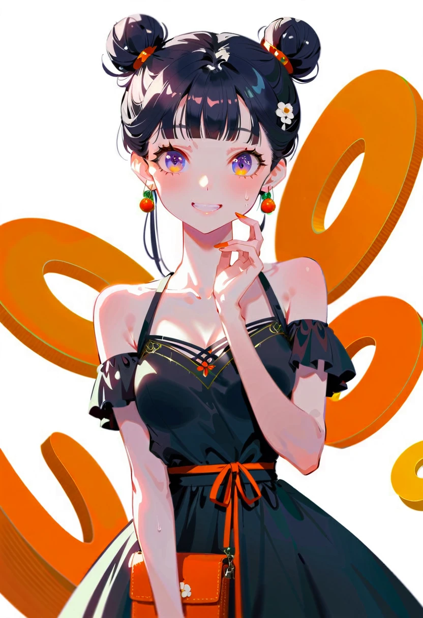 Purple hair girl painting、Glass mandarin orange earrings decorate both ears、Eye color: Ocean pink purple、Space Eyes、Inside the room、(((Giant orange shaped cushion)))、((Hugging on a cushion))、Sit down, long hair、Bun Hair、Cool and complicated, Hand holding sliced orange, A very happy expression with plenty of orange juice、((The syringe contains orange juice))、Very embarrassed、The best smile、Open your mouth wide、Grin、目はclose、((Purple and black dress))、((Syringe Shoulder Bag)), Fun and lively characters, close( Perfect Anatomy )、Beautiful, translucent white skin、A purple dress slightly damp with sweat、Underwear is visible、quality\(8K,非常に精細なCGユニットのwallpaper, masterpiece,High resolution,top-quality,top-quality real texture skin,Super two-dimensional,Increase the resolution,RAW Photos,最高quality,Very detailed,wallpaper,Ray-tracing,Golden Ratio\),[Browsing Caution]、White and orange theme、Everything is orange except for the outfit, hairstyle, and eye color.、barefoot,Love Hotel