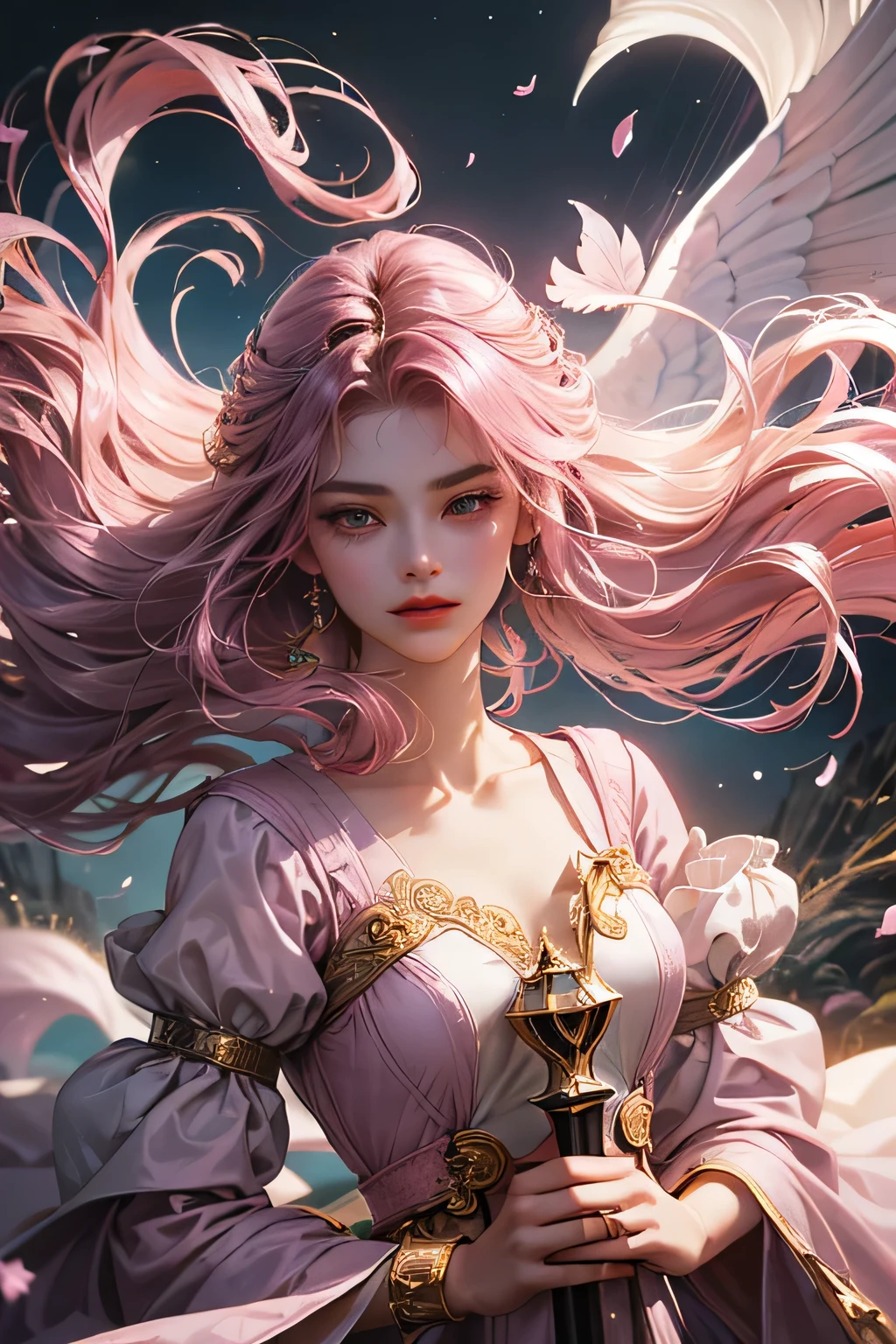 "Create an ultra-realistic image of a stunning 18-year-old girl holding an air magical staff that exudes the energy of the wind and sky. She should be dressed in a sophisticated, ((((((dark pink)))))) shaded outfit that contrasts beautifully with her airy element. Depict her surrounded by elements of air, such as swirling breezes, floating feathers, and gentle currents, to highlight her command over this element. Include a distinct air symbol on her body, signifying her role as the keeper of air and illustrating the powerful, ethereal energy of air she holds within her."