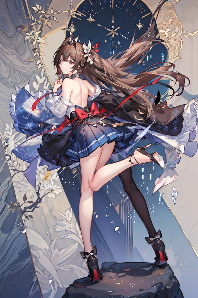 An illustration,masterpiece,girl,Bob Hair,Brown Hair,beautifuleye,Cleavage,Small breasts,(Sexy face),Cabaret Club,(VIP Room),hostess,Red backless dress,(Show me your back),(look back),Bare shoulders,((whole body:1.3)),((Black high heels:1.1)),茶色のeye,(small sparkly earrings),Close your mouth,{Depth of written border},(Particles of light:1.1).Photorealisticです、It is high resolution.、Gentle Light、1 Female、soloで、Hip Up、Glowing Skin、(A detailed face)、Hair with white waves、見る者を誘うeye、恋人eye線、inviting expression、Sexy smile、Perfection & Style、Perfect balance、Detailed skin、Naughty conflicts、I can see your chest、showing her:1.2、showing her:1.2、Horizontal feet、(At 32K、Live Shooting、Highest quality、workmanship:1.2)、(Spreading her legs wide、Spread your legs wide)、(Long twin tails)、Viewers are watching、前からeye線、Bullish、Erotic、Light blue bra、White skin、knees、(Beige pantyhose)、Absurd、Small Face、Bangs from center to center、The forehead is visible、(Embarrassed、skinny、)、workmanship、Highest quality、Ultra-high resolution、beautiful、beautiful、There is only one person、solo、Full Body、cute、Japanese women、Are standing、 (Photorealistic:1.37)、Photon interpretation、Realism、Young face、ブラウンeye、Black socks、(Red bow tie)、Radio City、Physical-based manners are cute、Maebo、Depth of written boundary、Body、Beautiful feet、Beautiful long legs、Slim legs、Tie your hair in one strand on your chest、(I can see the bangs)、lips、Blue_eye、Nose Soft、 (Shui Color)Shirt)、(Navy, blue and white checkered pleated skirt)
