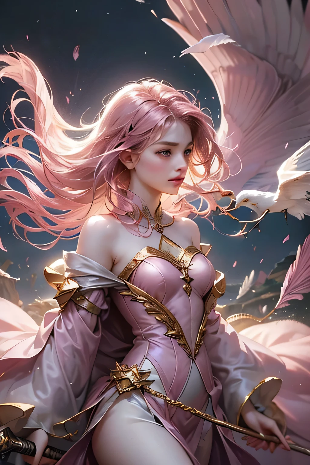 "Create an ultra-realistic image of a stunning 18-year-old girl holding an air magical staff that exudes the energy of the wind and sky. She should be dressed in a sophisticated, ((((((dark pink)))))) shaded outfit that contrasts beautifully with her airy element. Depict her surrounded by elements of air, such as swirling breezes, floating feathers, and gentle currents, to highlight her command over this element. Include a distinct air symbol on her body, signifying her role as the keeper of air and illustrating the powerful, ethereal energy of air she holds within her."