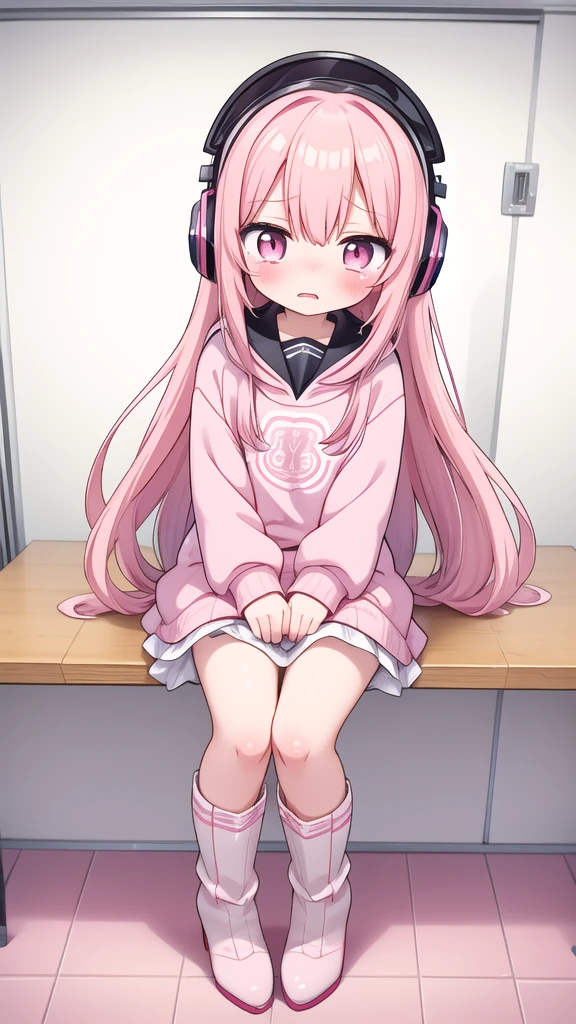 Pink long hair,Pink and white sweatshirt,Pink Eyes,Black headphones,White boots,blush shy,Leaking urine(1.2)classroom scene,eternal, cry, , Tears flow from the eyes, The embarrassment comes from, blush), (Girl is peeing: 1.2),, Look away, sit, Awkward, blush, Mouth slightly open, classroom (Girl Leaking urine): 1.5)