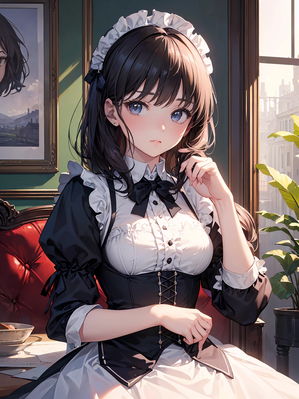 (Highest quality、16K、masterpiece、Ultra-high resolution、Victorian era、Photorealistic:1.2)、Maid Girl、solo、One person、Beautiful and detailed、2020Perfectly detailed illustrations created by a master anime illustrator of the 20th century、Tsundere、Heroine's Attributes、Artistic shading、Perfect Face、Detailed portrait、