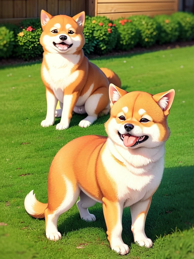 Highest Resolution,Highest quality,Shiba Inu,可愛いShiba Inu,Fluffy,smile,Drooling,Dripping saliva,Overflowing saliva,Iyashiba dog,garden,doghouse,grass,