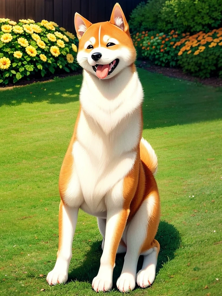 Highest Resolution,Highest quality,Shiba Inu,可愛いShiba Inu,Fluffy,smile,Drooling,Dripping saliva,Overflowing saliva,Iyashiba dog,garden,doghouse,grass,