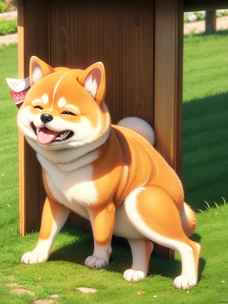 Highest Resolution,Highest quality,Shiba Inu,可愛いShiba Inu,Fluffy,smile,Drooling,Dripping saliva,Overflowing saliva,Iyashiba dog,garden,doghouse,grass,