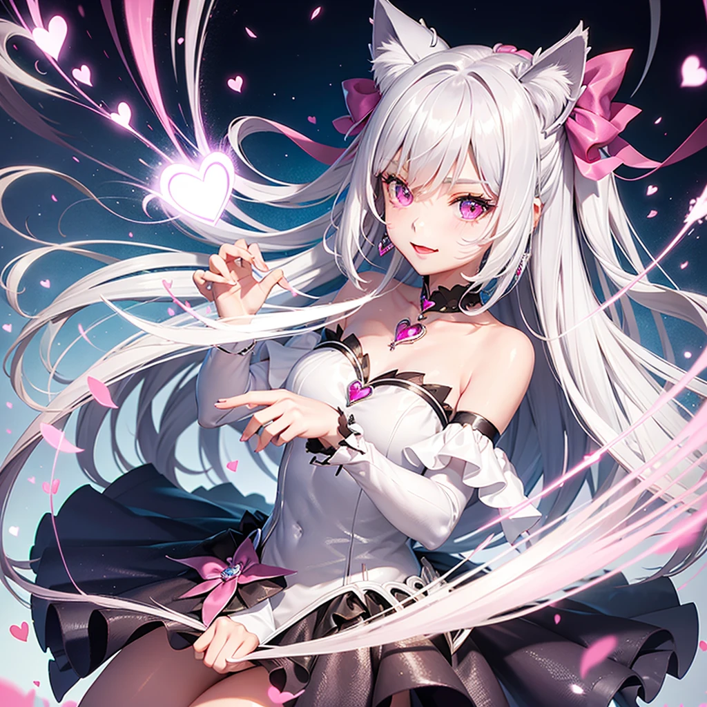 Silver hair, pink eyes, body, cat ears, girl, earrings, heart background fantasy, princess, godly, hair bows,  happy face