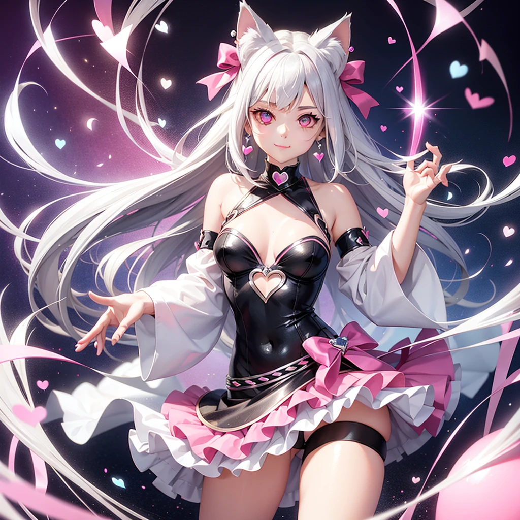 Silver hair, pink eyes, body, cat ears, girl, earrings, heart background fantasy, princess, godly, hair bows,  happy face