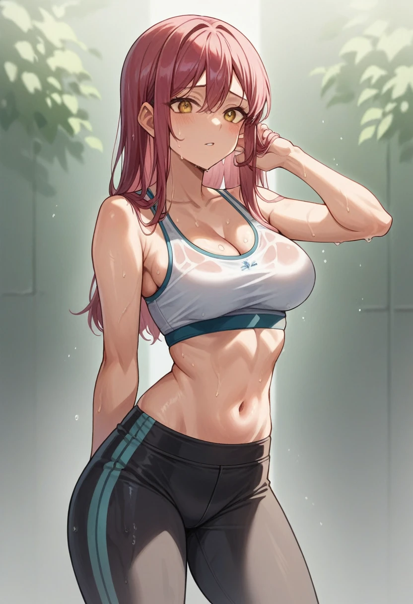 Sakurauchi riko, pink skinny sweet pants, tight gym bra, sweating,sweat drops ,  (cleavage:0.7),unstyled hair,wet hair,yellow eyes,thicc legs, standing, posing for picture, NSFW style, groin lines