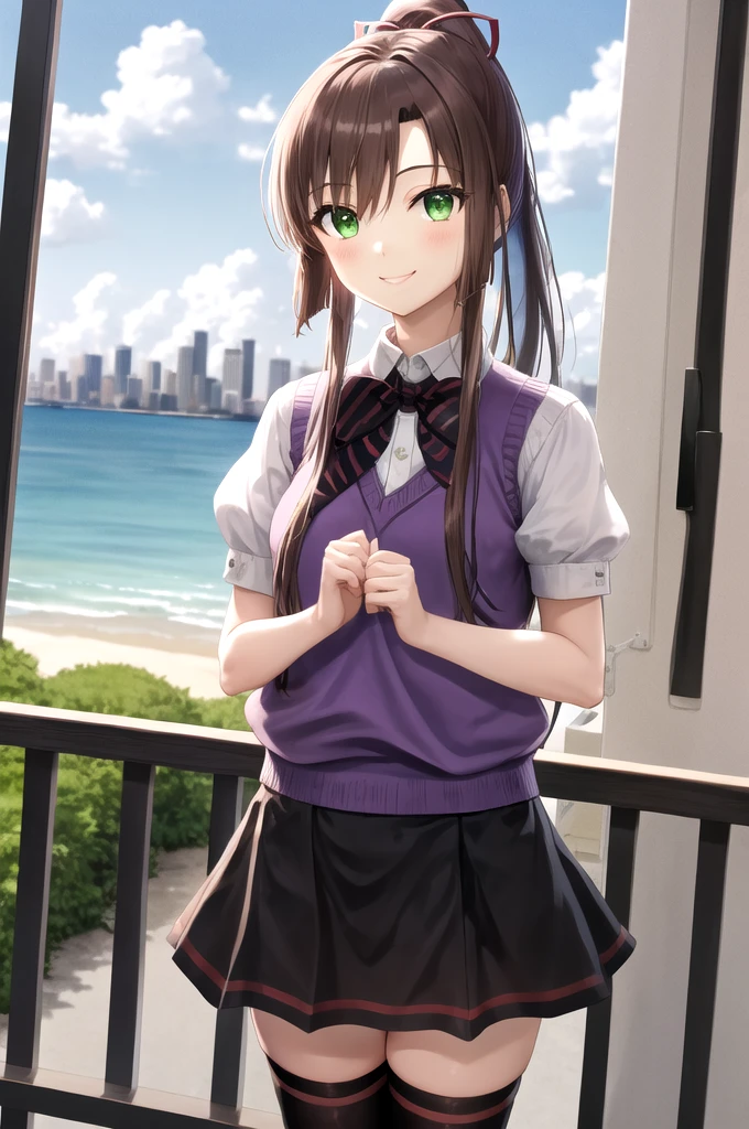 masterpiece, Highest quality, ltra-detailed, Details,One girl,alone,Brown Hair,Long Hair,ponytail, Hair Ribbon, Green Eyes,Purple vest, bow tie,Purple knee socks, Outdoor,Skyline,Cafe with an ocean view、Strawberry Parfait、The best smile、Wooden Cafe、blue sea、Sitting、Gazing at the Sea、striped bowtie sweater vest white shirt short sleeves black skirt black thighhighs
kirasaka sayaka