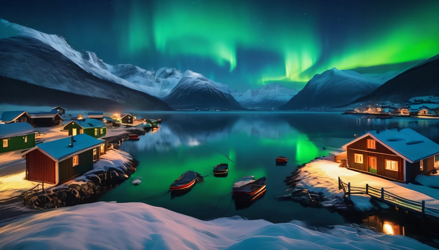 A cozy fishing village nestled beneath snow-capped mountains, illuminated by the vibrant green hues of the aurora borealis reflecting in the calm fjord, winter night, starry sky, photorealistic, 8k