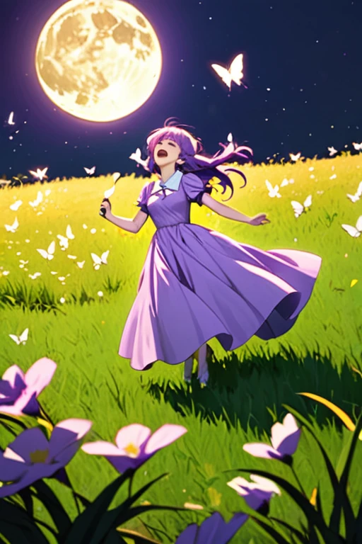 A beautiful girl wearing a purple dress adorned with white butterflies, singing under the moon on the field of grass